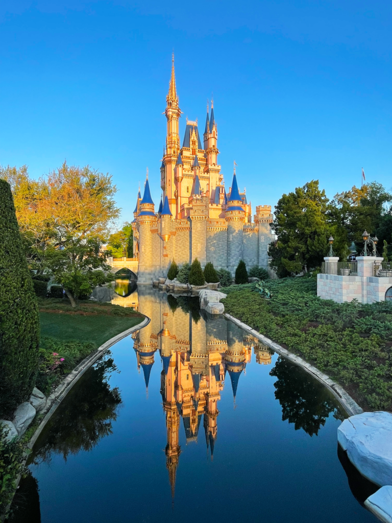 Cinderella Castle and reflection at Magic Kingdom, Walt Disney World in Florida